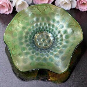 Fenton Green Glass Iridescent Carnival Coin Dot Stippled Bowl Candy Dish Dots
